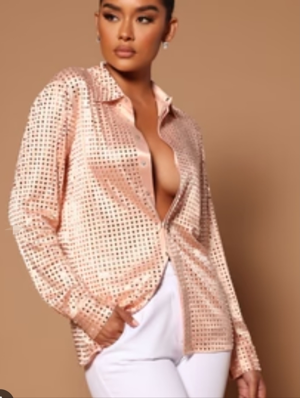 Peach Metallic Studded Button-Up Shirt